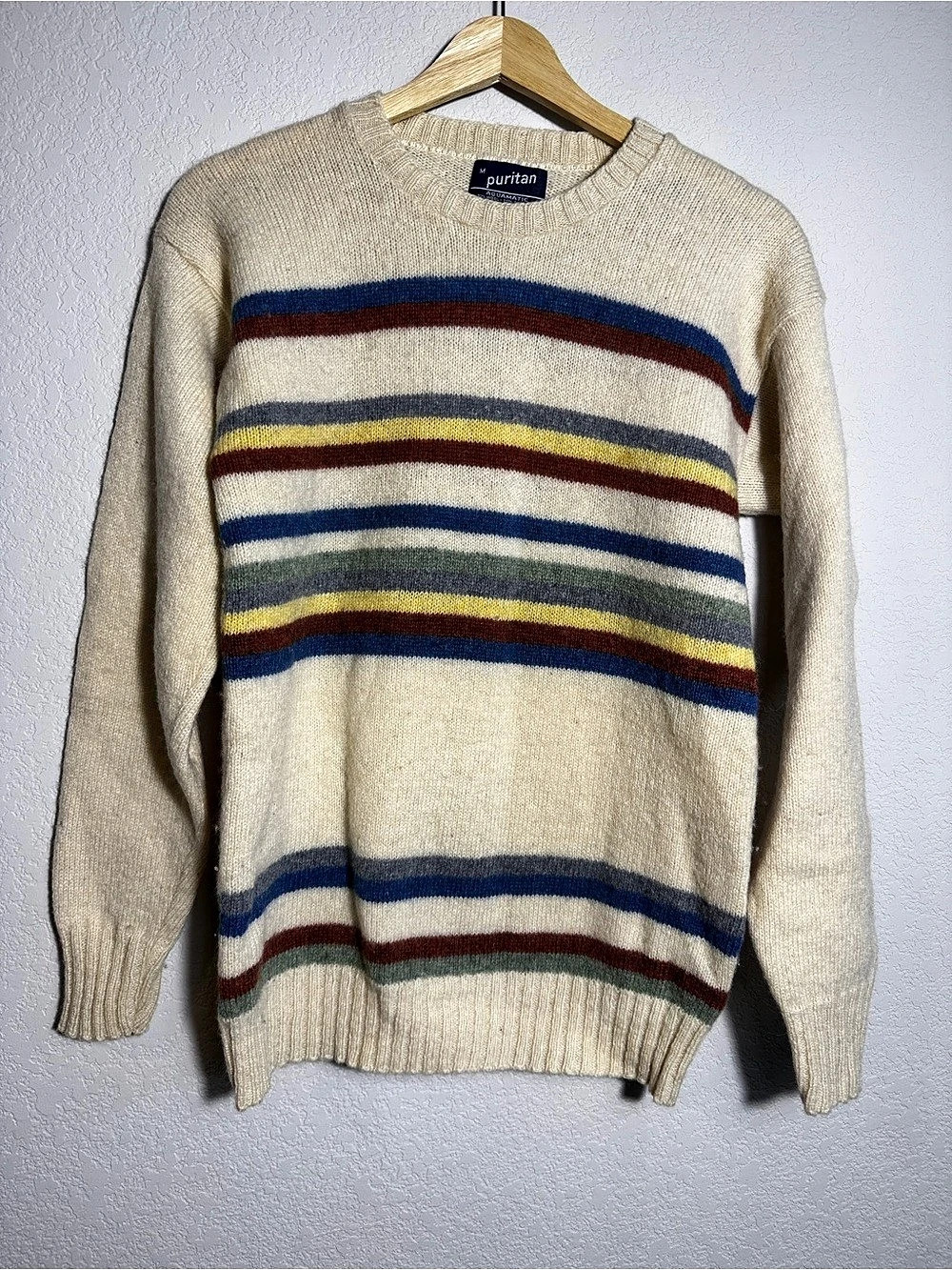 Puritan Aquamatic Striped Wool Blend Sweater Crewneck Medium